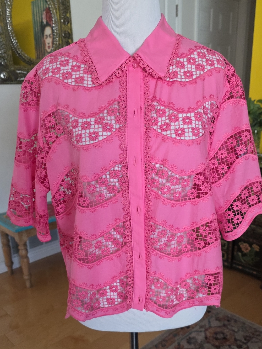 Ultra Pink Bright Pink Crochet Lace Button-Down Top